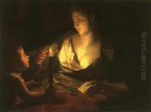 Woman Sealing A Letter By Candlelight With A Putto (?) Assisting Oil Painting by Jean-Baptiste Santerre