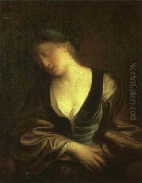 Sleeping Girl Wearing A Blue Velvet Bodice Oil Painting by Jean-Baptiste Santerre