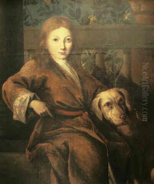 A Portrait Of A Young Boy Seated With His Dog At The Base   Of A Column Before A Balustrade Oil Painting by Jean-Baptiste Santerre