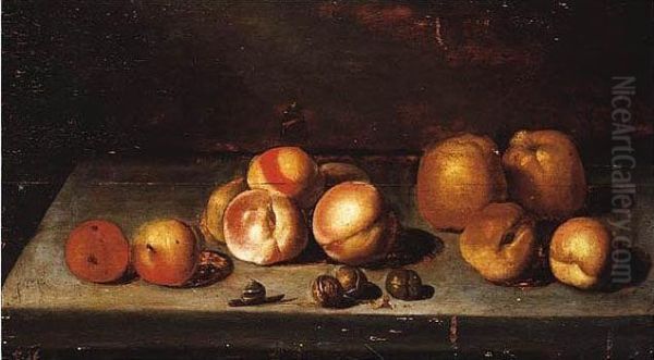 Still Life With Apples And A Snail On A Stone Ledge Oil Painting by Johannes Boumann