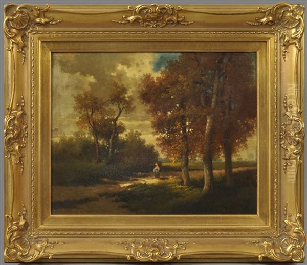 Herbstliche Wandlandschaft Mit Pilzsammlerin Oil Painting by Nikolaus (Miklos) Santho