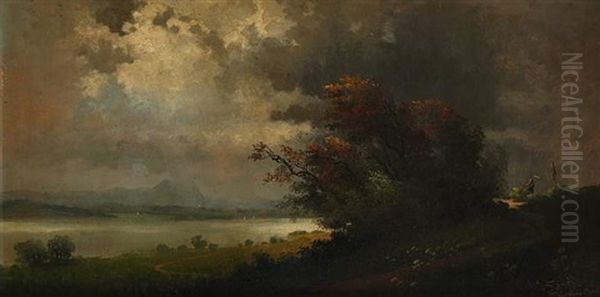 Aufziehendes Gewitter Uber Romantischer Seenlandschaft Oil Painting by Nikolaus (Miklos) Santho