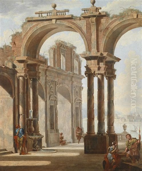 Architekturcapriccio Mit Figuren (+ Another, Similar; 2 Works) Oil Painting by Giovan Gioseffo Santi