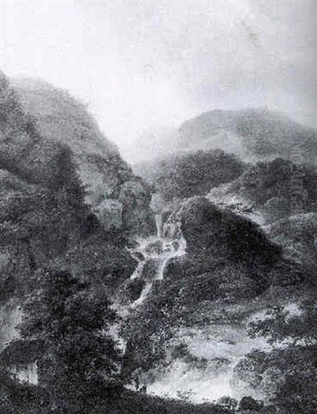 A Mountainous Landscape With Figures By A Waterfall Oil Painting by Charles Santoire De Varenne