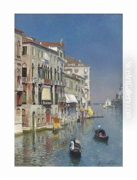 Gondolas On The Grand Canal, The Dogana And Santa Maria Della Salute Beyond, Venice Oil Painting by Rubens Santoro