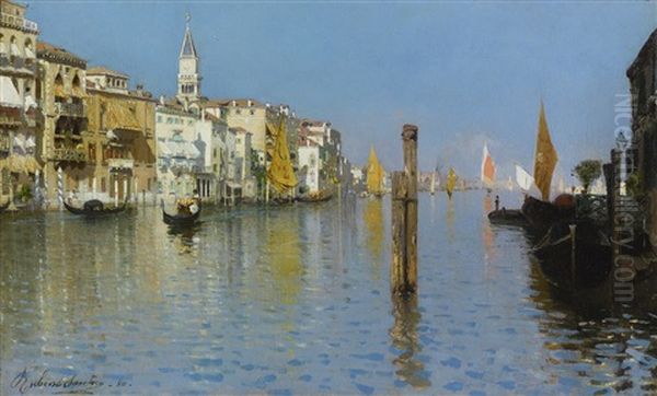 View Across The Grand Canal From Dorsoduro With The Bell Tower Of San Marco Oil Painting by Rubens Santoro