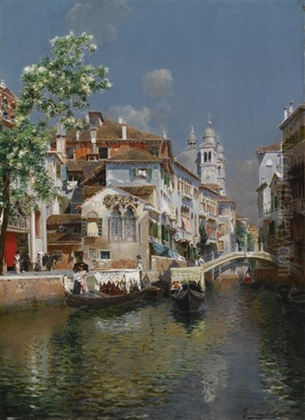 Gondolas On A Venetian Canal, Santa Maria Della Salute In The Distance Oil Painting by Rubens Santoro