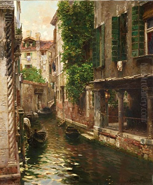 Canal In Venice Oil Painting by Rubens Santoro