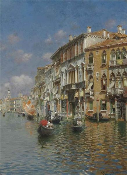 Gondolas On The Grand Canal, Venice Oil Painting by Rubens Santoro