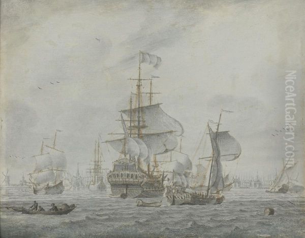 Shipping In A Light Breeze; Shipping In A Gusty Breeze Oil Painting by Cornelis Boumeester