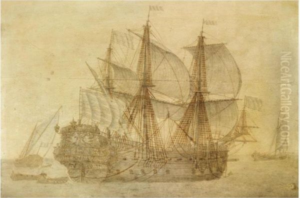 The Dutch Voc Ship De Concordia In A Calm Sea, A Flagship And Asmalship In The Distance Oil Painting by Cornelis Boumeester