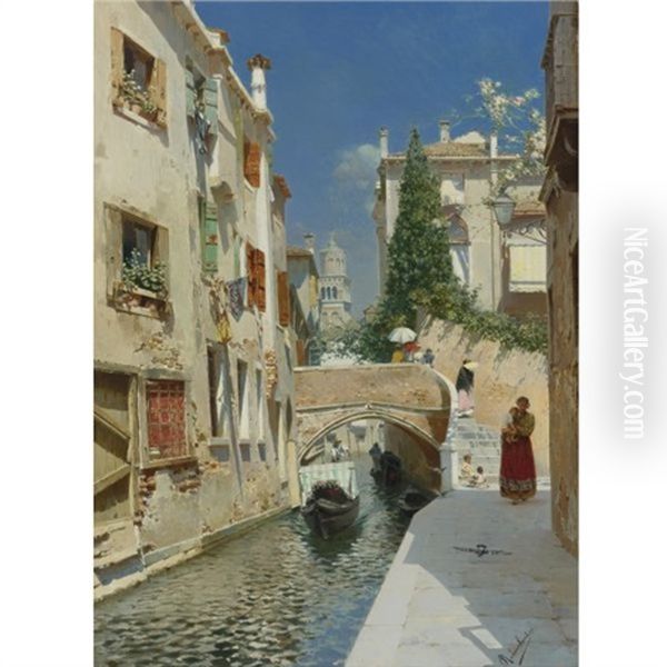 Venetian Canal With The Campanile Of The Frari In The Distance Oil Painting by Rubens Santoro