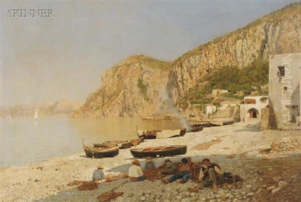 Mending The Nets, An Italian Coastal View Oil Painting by Rubens Santoro