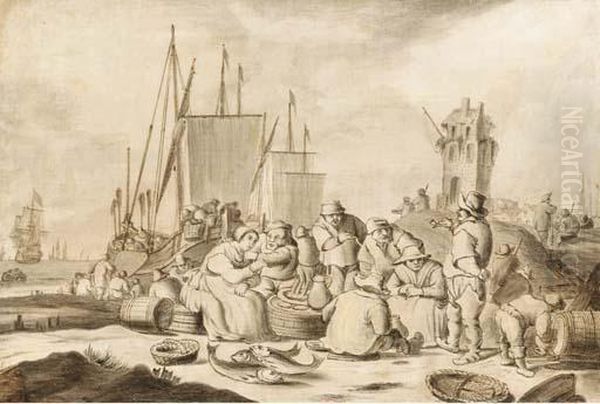 Merchants And Other Figures Eating, Drinking And Smoking On Abeach, Shipping By A Town Beyond: En Grisaille Oil Painting by Cornelis Boumeester