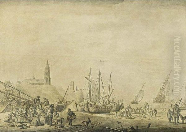 The Beach At Scheveningen With Fishermen Unloading Their Vessels And Fishermen Selling The Catch Oil Painting by Cornelis Boumeester