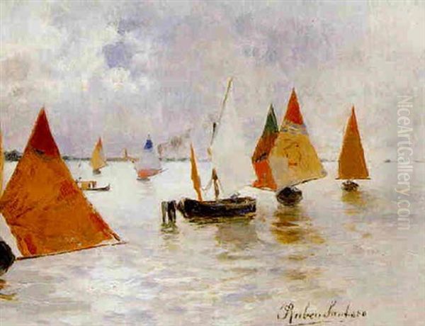 Fishing Boats With Sails Oil Painting by Rubens Santoro