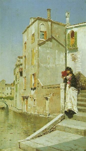 Italian Girl, With A Fan By A Venetian Canal Oil Painting by Rubens Santoro