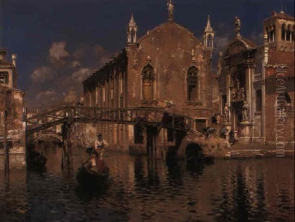 Gondola On A Venetian Canal With Elegant Figures Crossing A Bridge Oil Painting by Rubens Santoro