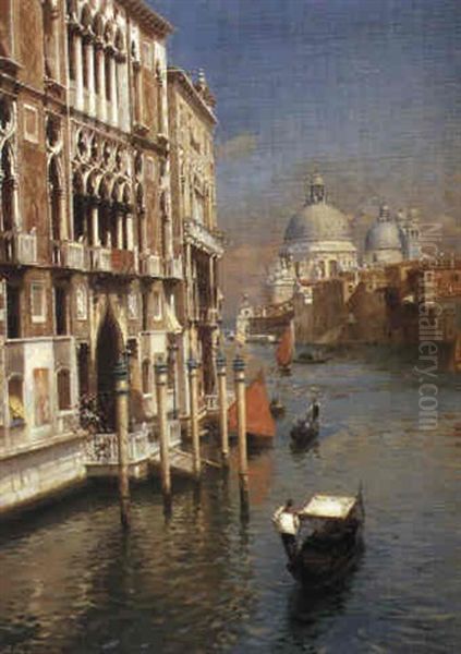 On The Grand Canal With Saint Maria Della Salute In Background, Venice Oil Painting by Rubens Santoro