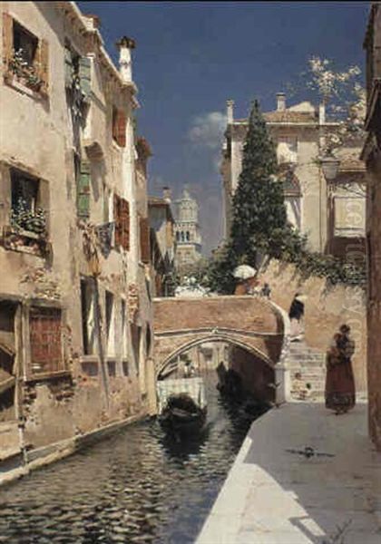 Venetian Canal With The Campanile Of The Frari In The Distance by Rubens Santoro