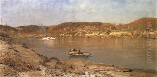 A River Scene With A Steamboat Oil Painting by Rubens Santoro