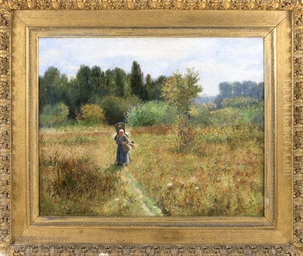 A Young Girl On A Meadow Path Oil Painting by Daniel Santry