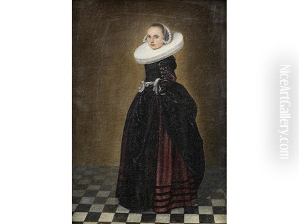 Portrait Of A Lady, Full-length, In A Black And Red Dress With A White Ruff by Dirck Dircksz van Santvoort