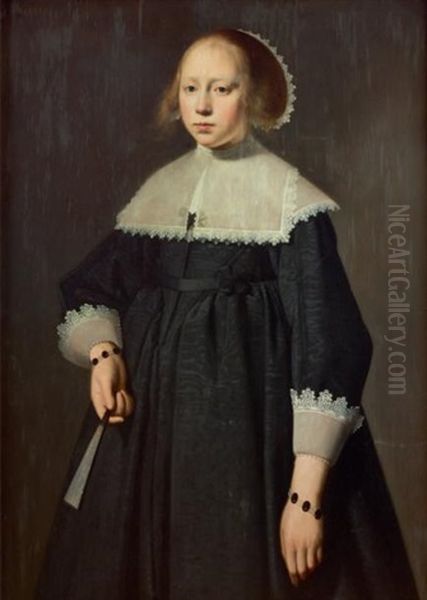 Portrait De Jeune Fille Tenant Un Eventail Oil Painting by Dirck Dircksz van Santvoort