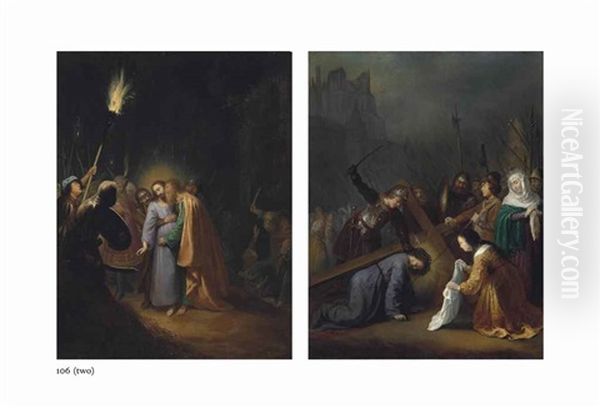 The Betrayal Of Christ; Christ On The Road To Calvary, With Saint Veronica (2 Works) Oil Painting by Dirck Dircksz van Santvoort