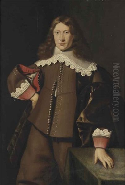 Portrait Of A Gentleman, Three-quarter-length, In A Brown Costume With Red Cuffs And A White Lace Collar, His Left Hand On A Table Oil Painting by Dirck Dircksz van Santvoort