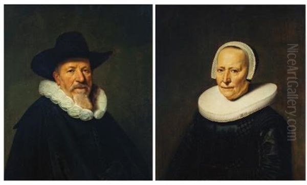 Portrait Of A Bearded Gentleman, Possibly A Member Of The Valckenier Family, Bust-length, Wearing A Hat; Portrait Of His Wife, Bust-length, Wearing An Embroidered Black Dress (pair) Oil Painting by Dirck Dircksz van Santvoort