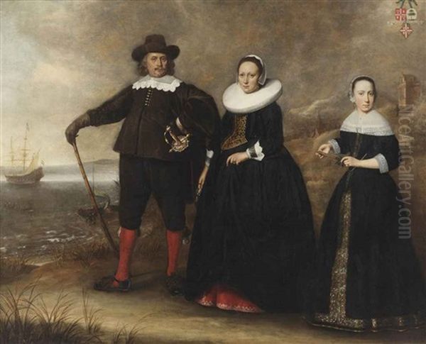 A Group Portrait Of The Family Of Otto Van Vollenhoven And Apollonia Bogaert Standing On The Beach With The Armed Merchantman De Geweldige In The Background Oil Painting by Dirck Dircksz van Santvoort