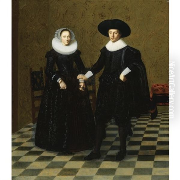 Portrait Of A Gentleman And His Wife In Black Embroidered Dress With White Collars, Standing Full Length In An Interior Oil Painting by Dirck Dircksz van Santvoort