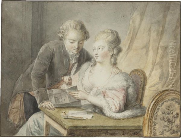 A Gentleman With A Lady Writing A Letter Oil Painting by Michel-Honore Bounieu