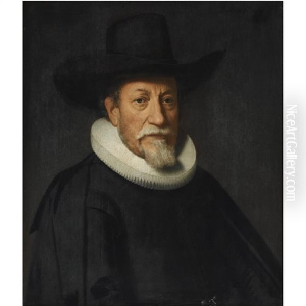 Portrait Of A Gentleman With A White Goatee, Wearing A Black Suit With A Molensteenkraag And A Black Hat Oil Painting by Dirck Dircksz van Santvoort