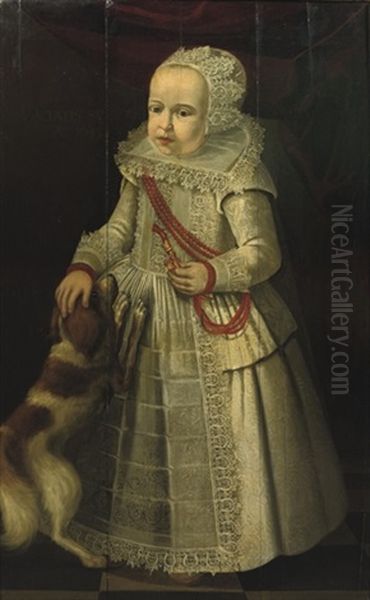 Portrait Of A Girl, In A White Embroidered Dress With Lace Collar And Headdress, Wearing A Coral Necklace, A Dog By Her Side Oil Painting by Dirck Dircksz van Santvoort