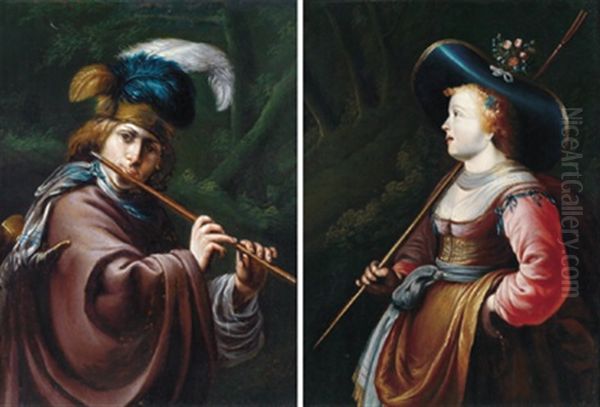 Bildnis Eines Die Flote Spielenden Jungen Mannes In Schafertracht (+ Bildnis Einer Jungen Frau In Schafertracht; Pair) Oil Painting by Dirck Dircksz van Santvoort