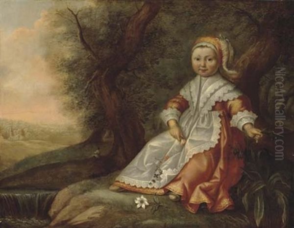 Portrait Of A Young Girl Seated By A River, With Flowers In Her Hands Oil Painting by Dirck Dircksz van Santvoort