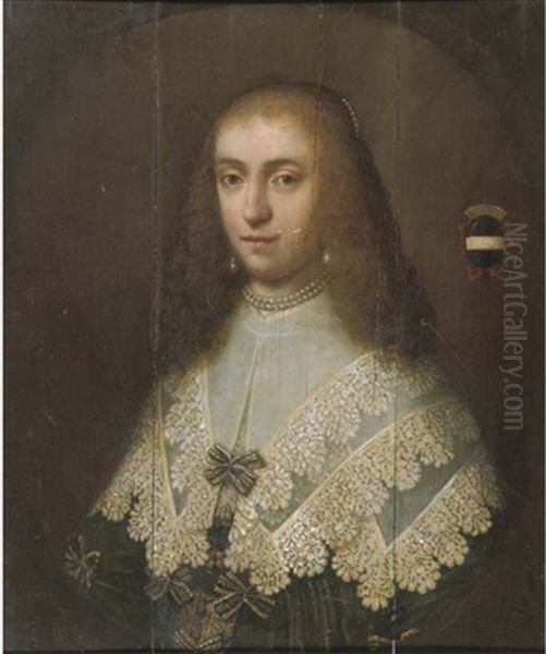 Portrait Of A Lady, Bust-length, In A Black Dress With White Lace Collar And A Pearl Necklace Oil Painting by Dirck Dircksz van Santvoort