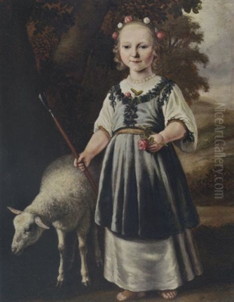 A Portrait Of A Young Girl Dressed As A Shepherdess In A White Dress With A Light Blue Pinafore With Leaf Motifs, A Pearl Necklace, Her Hair Set With Roses, In A Landscape With Sheep Oil Painting by Dirck Dircksz van Santvoort