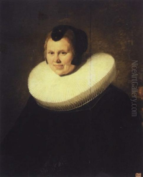 Portrait Of An Elderly Lady Wearing Black With A Large Ruff And Black Headdress Oil Painting by Dirck Dircksz van Santvoort