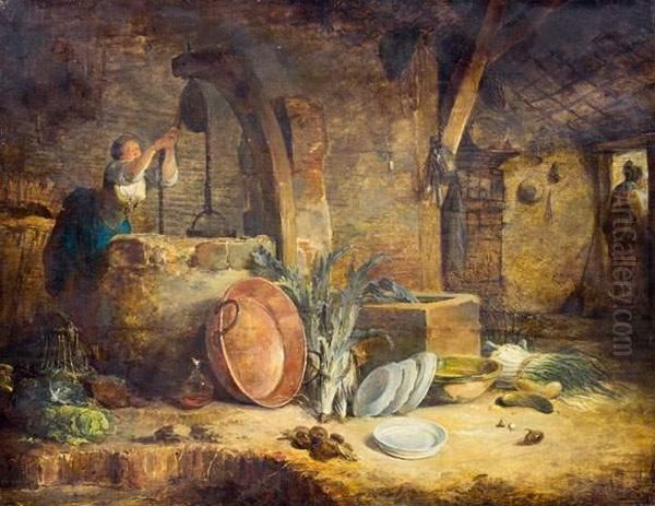 Jeune Femme Puisant De L'eau Dans Une Cuisine Oil Painting by Michel-Honore Bounieu