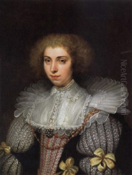 A Portrait Of A Lady In A Beaded Dress Oil Painting by Dirck Dircksz van Santvoort