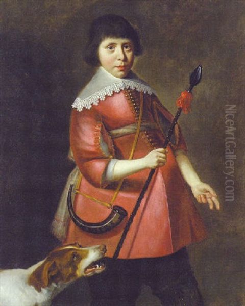 Portrait Of A Boy In A Red Jacket With A Hunting Horn Hanging Over His Sholder, Holding A Spear, A Hound At His Side Oil Painting by Dirck Dircksz van Santvoort