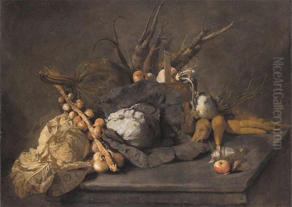 Nature Morte Aux Choux, Aux Oignons,carottes, Panais Et Pommes Toile. Oil Painting by Michel-Honore Bounieu