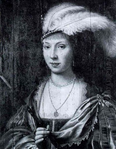 Portrait Of A Lady Wearing A Feathered Headdress by Dirck Dircksz van Santvoort