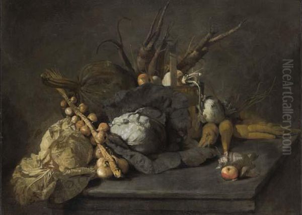 Nature Morte Aux Choux, Aux Oignons, Carottes Oil Painting by Michel-Honore Bounieu