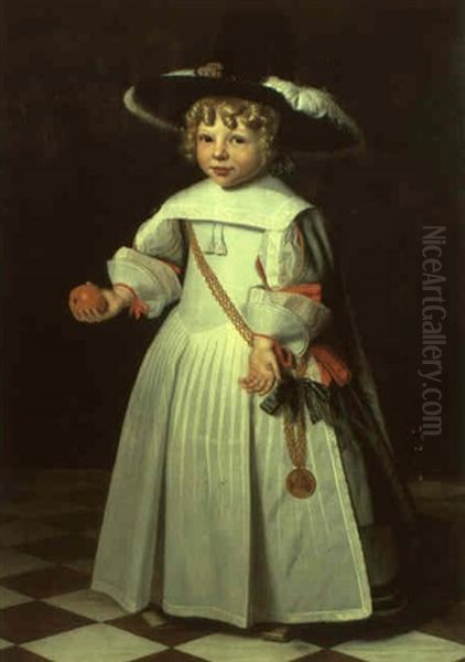 Portrait Of A Young Child Wearing A Black Dress Holding An Orange Oil Painting by Dirck Dircksz van Santvoort