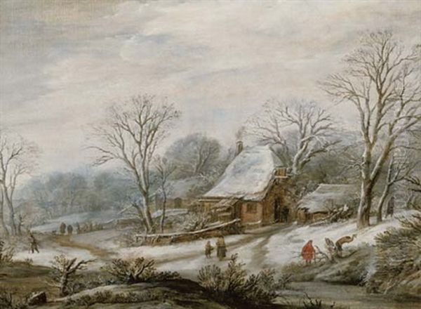 A Winter Landscape With Figures By A Cottage Oil Painting by Pieter Dircksz van Santvoort