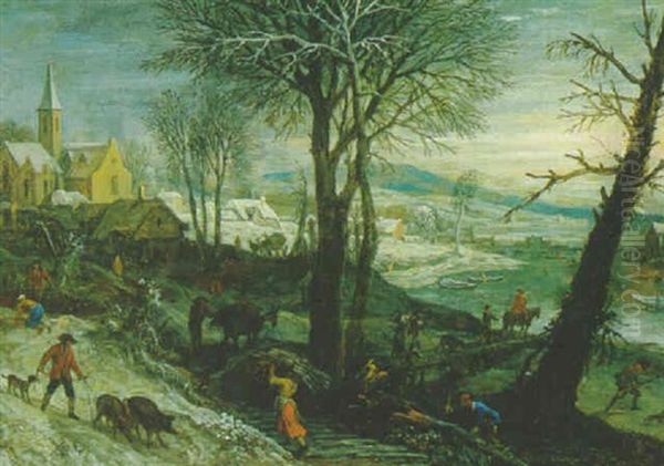 Dorf An Einem Flus Im Winter Mit Bauern Und Einem Reiter Oil Painting by Pieter Dircksz van Santvoort